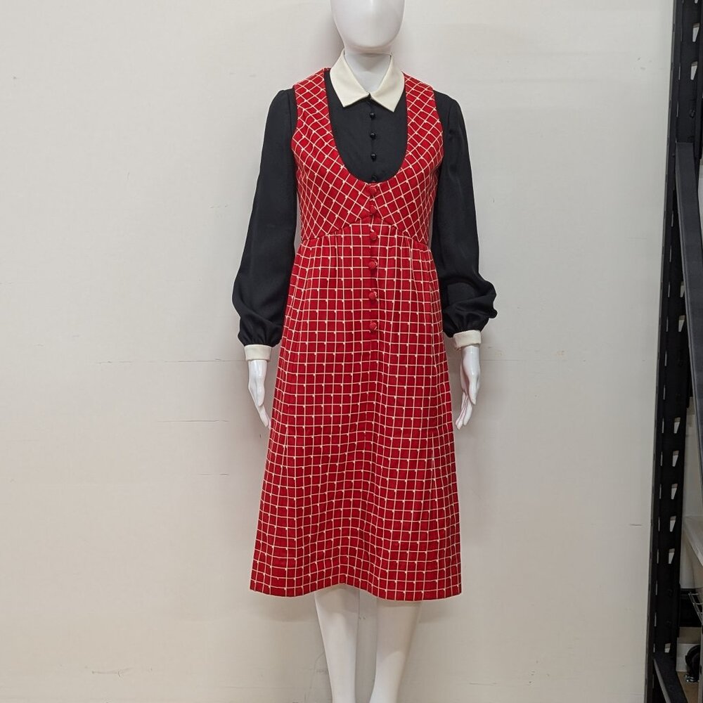 Vintage Rodrigues dress red and white checkered pinafore dress black collared